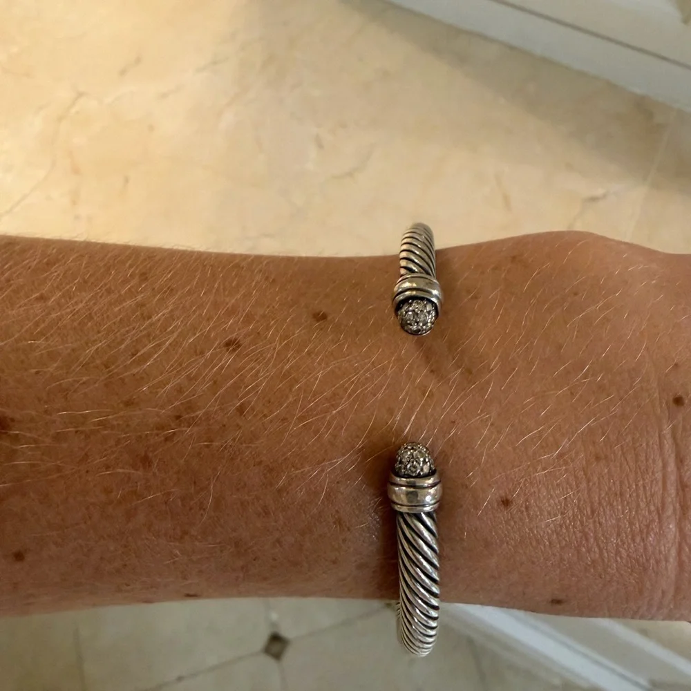 David Yurman Silver Cable Cuff with Diamond Endcaps